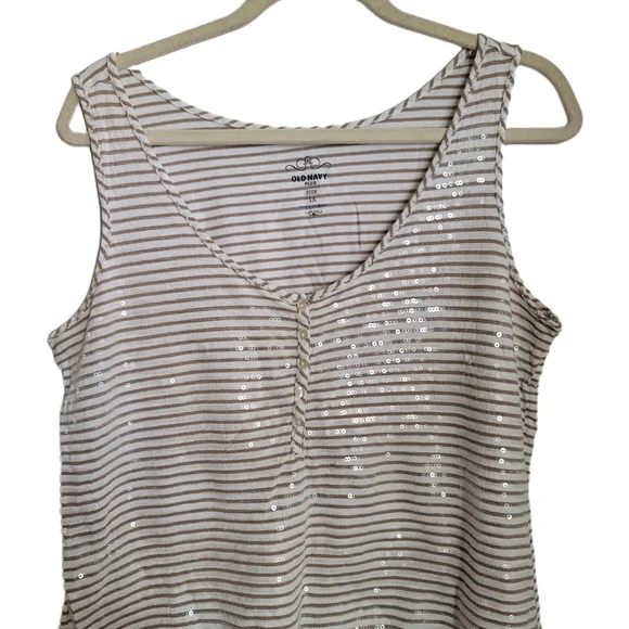 Old Navy Top Size 1X White Tan Stripe Sleeveless Tank Sequins Henley - Picture 2 of 7